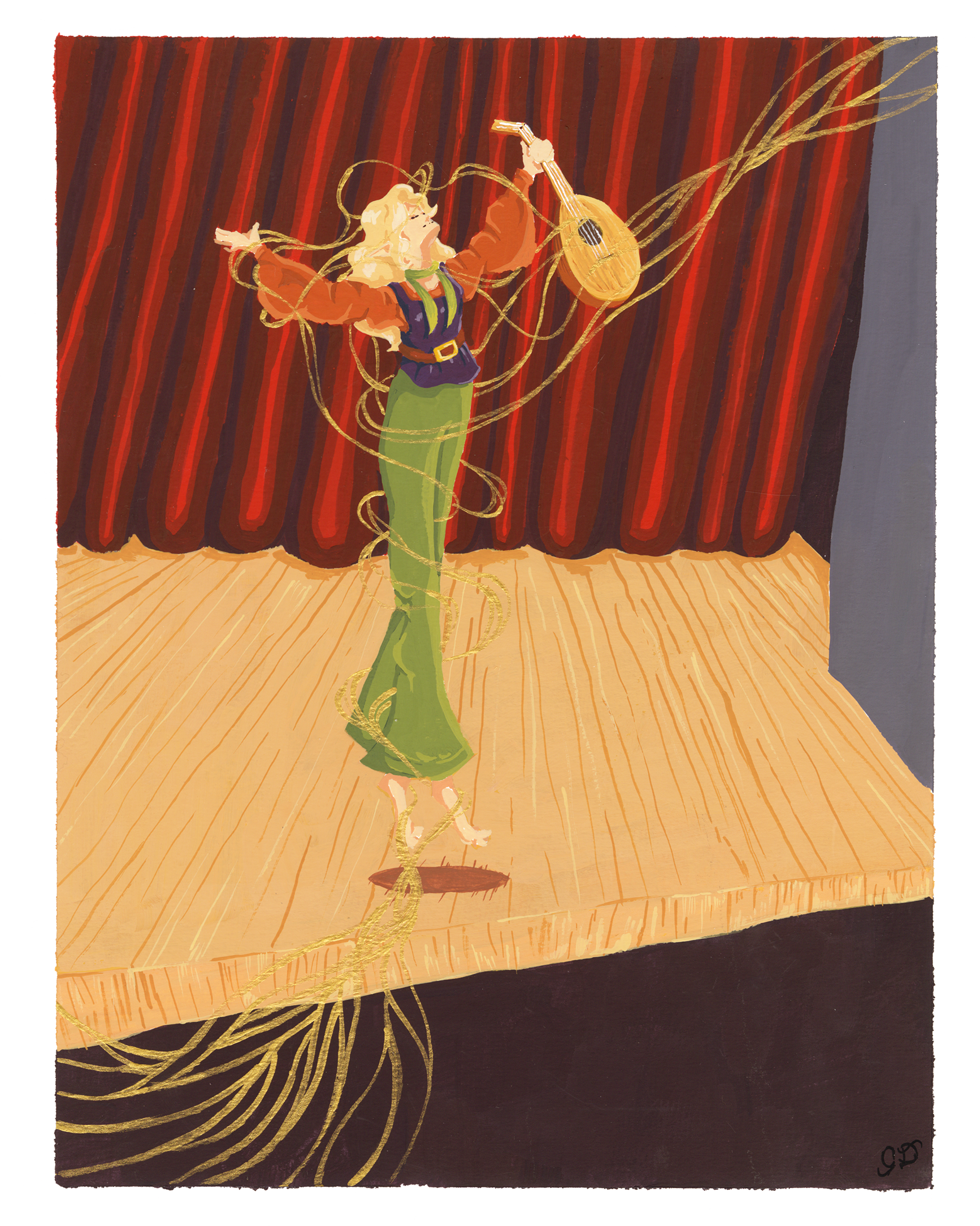 elf with a lute standing on a stage with metallic gold lines swirling around her